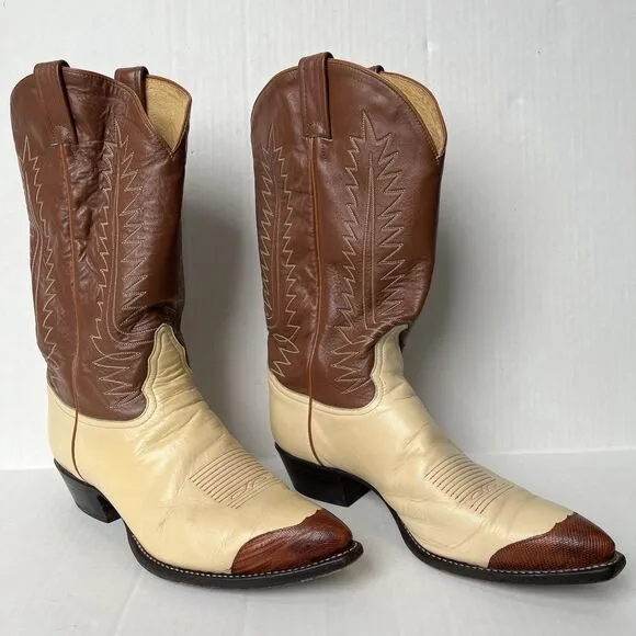 (John Travolta) Tony Lama Two-Tone Western Boots Mens 11 Lizard Wingtip Mid Calf