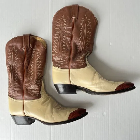 (John Travolta) Tony Lama Two-Tone Western Boots Mens 11 Lizard Wingtip Mid Calf