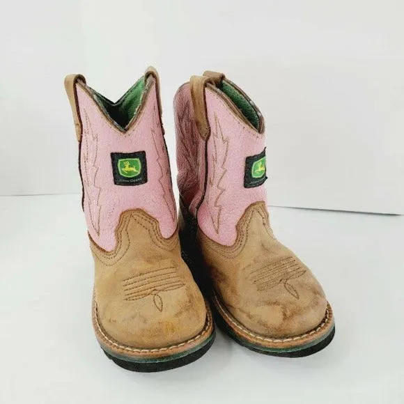 John Deere Toddler Brown Pink Suede Round Toe Mid Calf Pull On Western Boots