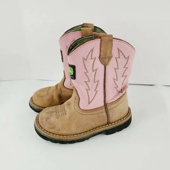 John Deere Toddler Brown Pink Suede Round Toe Mid Calf Pull On Western Boots