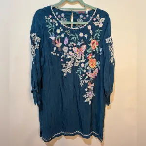 Johnny Was Arva Dress Size LP Embroidered Teal Floral Rayon
