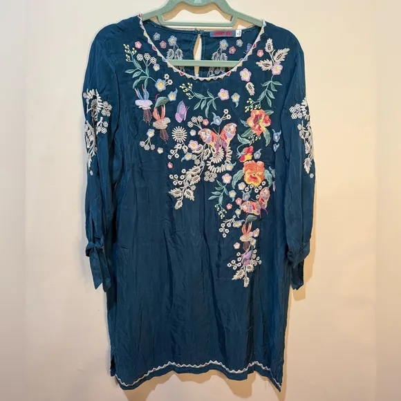 Johnny Was Arva Dress Size LP Embroidered Teal Floral Rayon