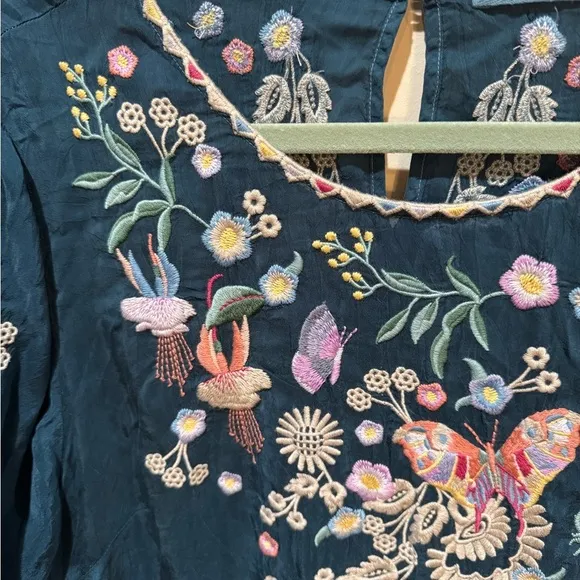 Johnny Was Arva Dress Size LP Embroidered Teal Floral Rayon