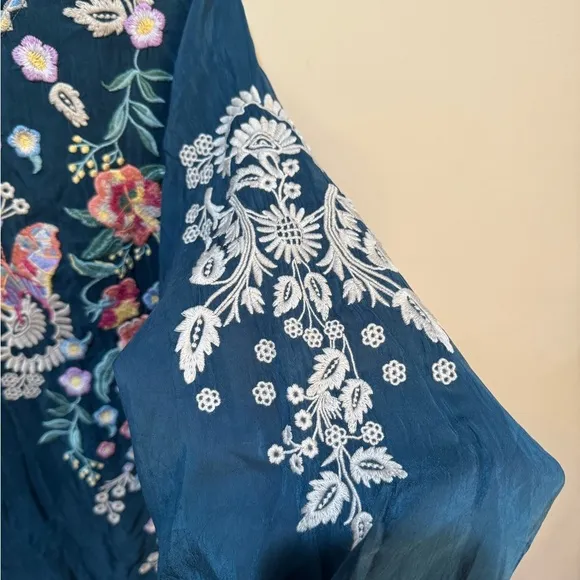 Johnny Was Arva Dress Size LP Embroidered Teal Floral Rayon