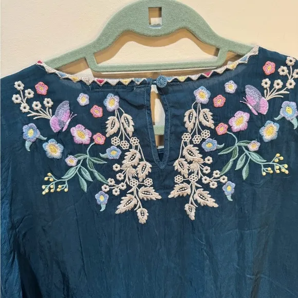 Johnny Was Arva Dress Size LP Embroidered Teal Floral Rayon
