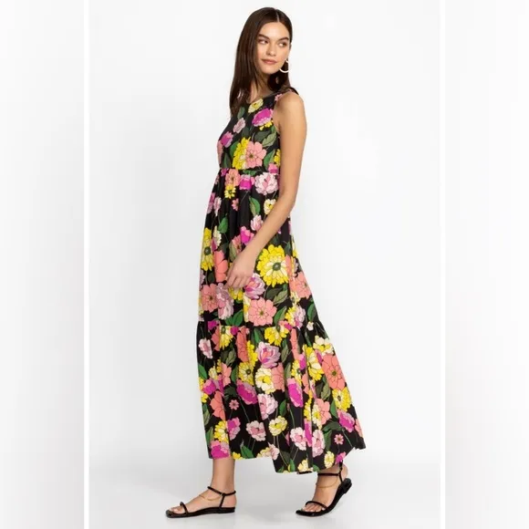 Johnny Was Black floral pink yellow Cassai Open back sleeveless maxi dress S NWT