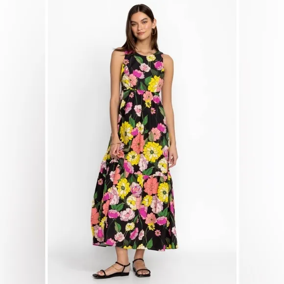Johnny Was Black floral pink yellow Cassai Open back sleeveless maxi dress S NWT