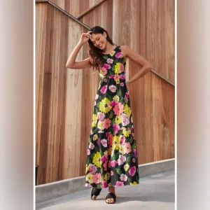 Johnny Was Black floral pink yellow Cassai Open back sleeveless maxi dress S NWT