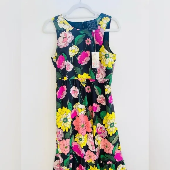 Johnny Was Black floral pink yellow Cassai Open back sleeveless maxi dress S NWT