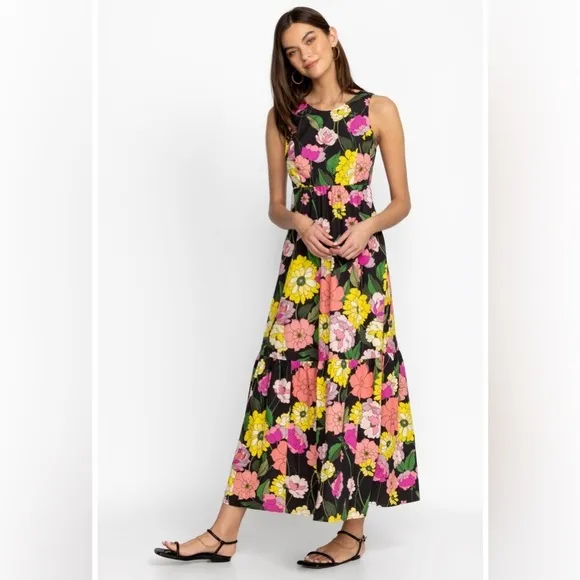 Johnny Was Black floral pink yellow Cassai Open back sleeveless maxi dress S NWT