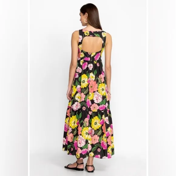 Johnny Was Black floral pink yellow Cassai Open back sleeveless maxi dress S NWT