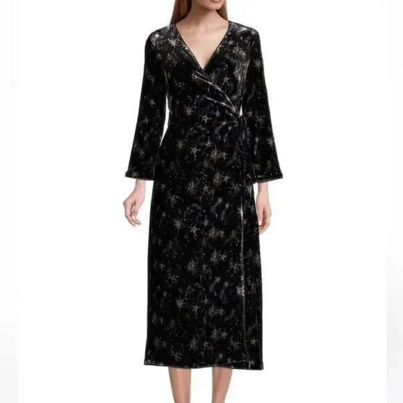 Johnny Was Black Velvet Stardust Kimono Wrap Dress