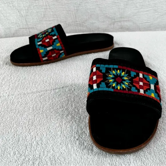 Johnny Was Sandals Womens 10M Embroidered Flat Slides Leather Black Multicolor