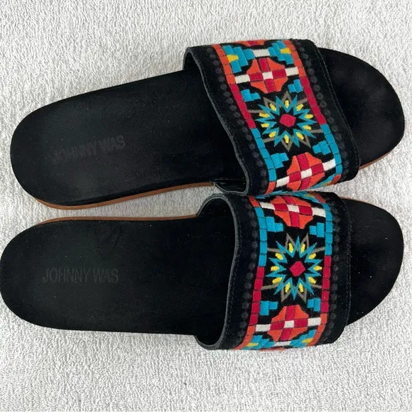 Johnny Was Sandals Womens 10M Embroidered Flat Slides Leather Black Multicolor