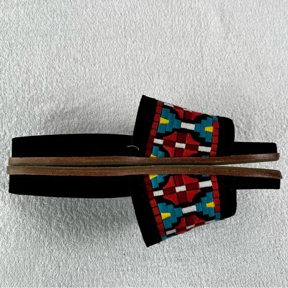 Johnny Was Sandals Womens 10M Embroidered Flat Slides Leather Black Multicolor