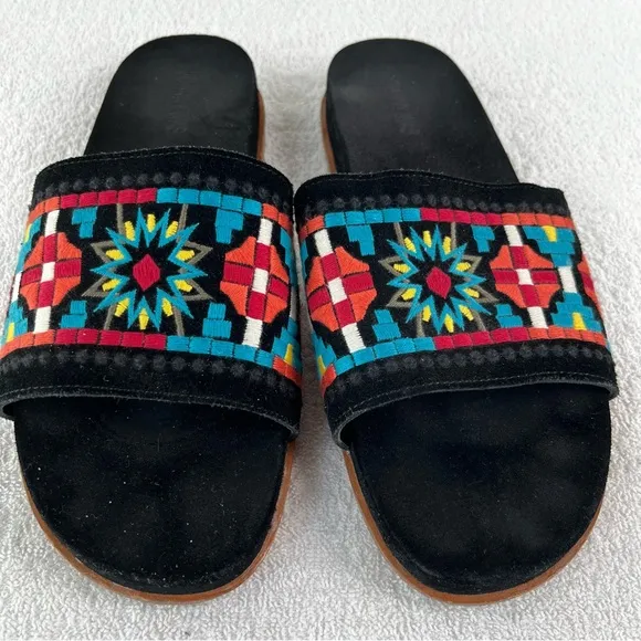 Johnny Was Sandals Womens 10M Embroidered Flat Slides Leather Black Multicolor
