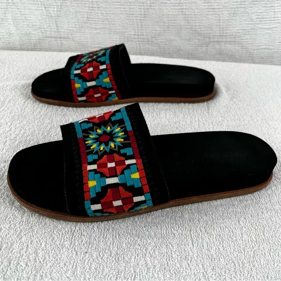 Johnny Was Sandals Womens 10M Embroidered Flat Slides Leather Black Multicolor