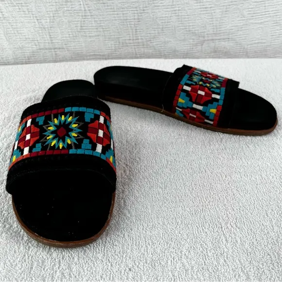 Johnny Was Sandals Womens 10M Embroidered Flat Slides Leather Black Multicolor