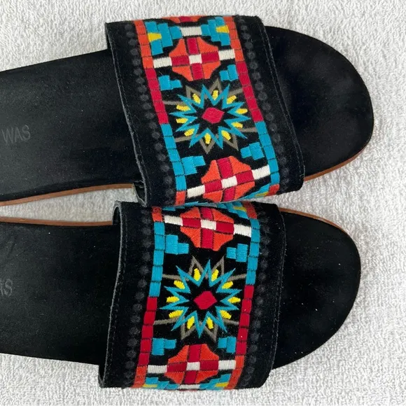 Johnny Was Sandals Womens 10M Embroidered Flat Slides Leather Black Multicolor
