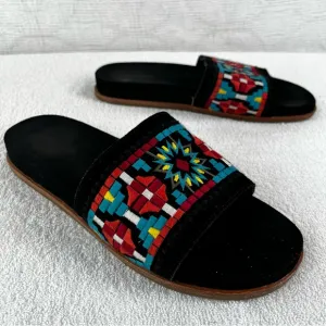 Johnny Was Sandals Womens 10M Embroidered Flat Slides Leather Black Multicolor