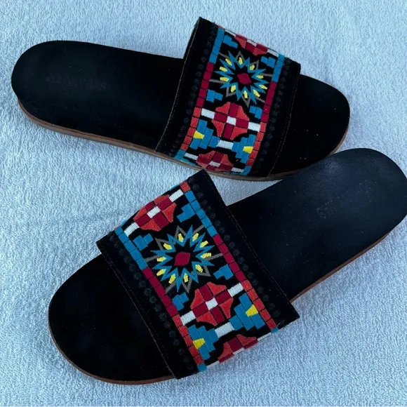 Johnny Was Sandals Womens 10M Embroidered Flat Slides Leather Black Multicolor