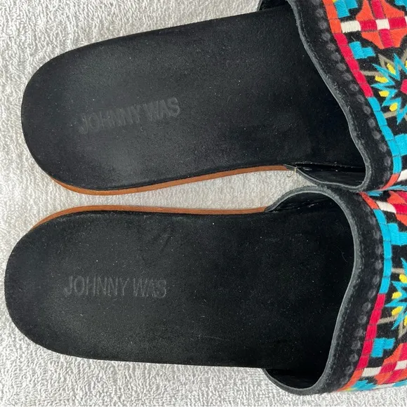 Johnny Was Sandals Womens 10M Embroidered Flat Slides Leather Black Multicolor