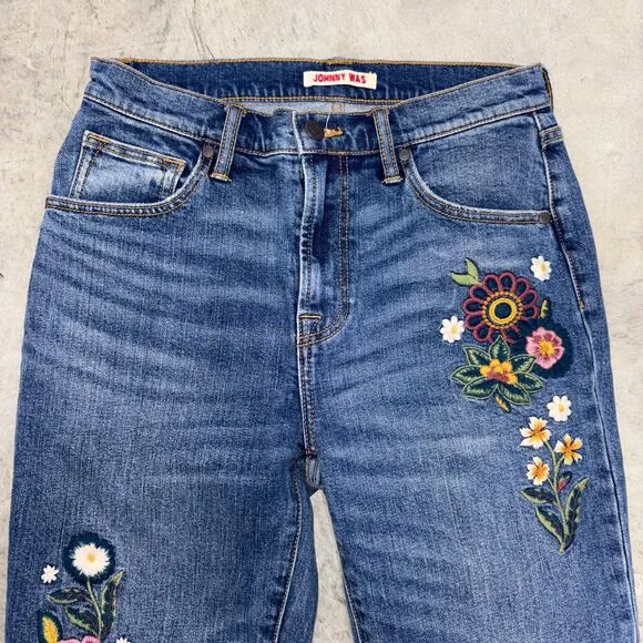 JOHNNY WAS The Cropped Baby Boot Mid Rise Slim fit Embroidered Jeans MSRP $278 