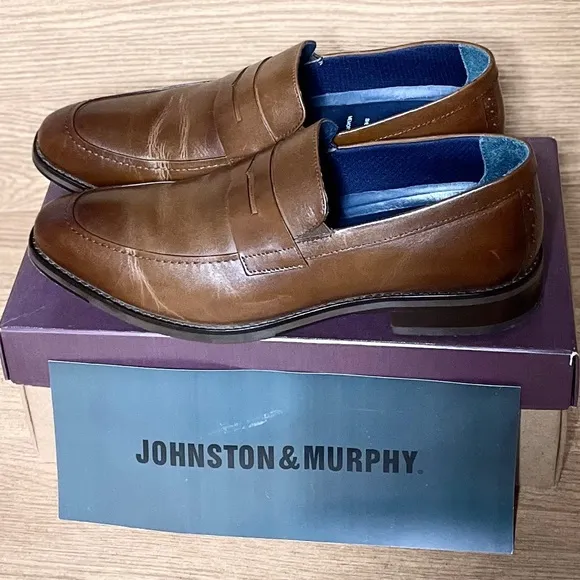 JOHNSTON &amp; MURPHY, EUC👈🏼 TAN LEATHER PENNY LOAFERS, SIZE 11