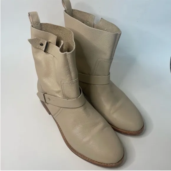 Joie Leather Hoxton Biker Moto Buckle Boots Minimalist Neutral Womens Size 8.5