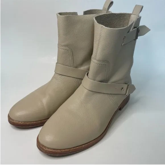 Joie Leather Hoxton Biker Moto Buckle Boots Minimalist Neutral Womens Size 8.5