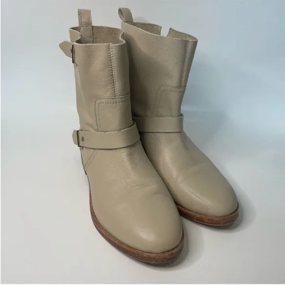 Joie Leather Hoxton Biker Moto Buckle Boots Minimalist Neutral Womens Size 8.5