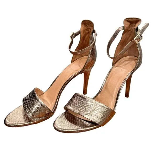 Joie Sandals Jaclyn Metallic Light Bronze Snakeskin Leather Heels Size 9.5