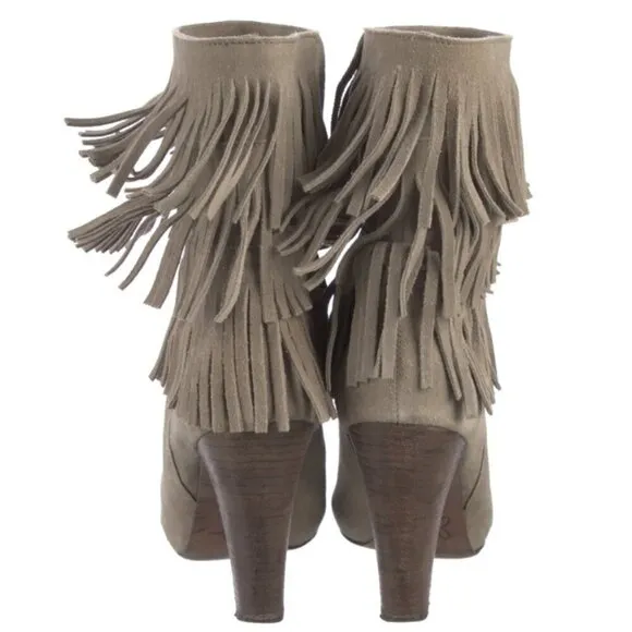 JOIE Suede Fringe Trim Accent Boots Women Size 8 Beige 4&quot; Heel Western Festival