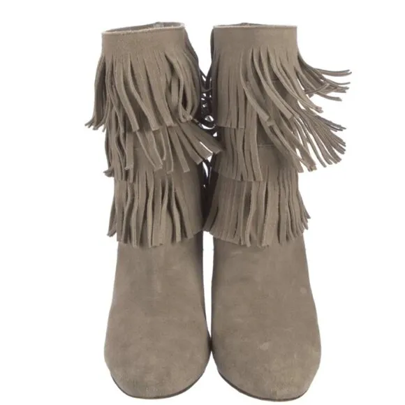 JOIE Suede Fringe Trim Accent Boots Women Size 8 Beige 4&quot; Heel Western Festival