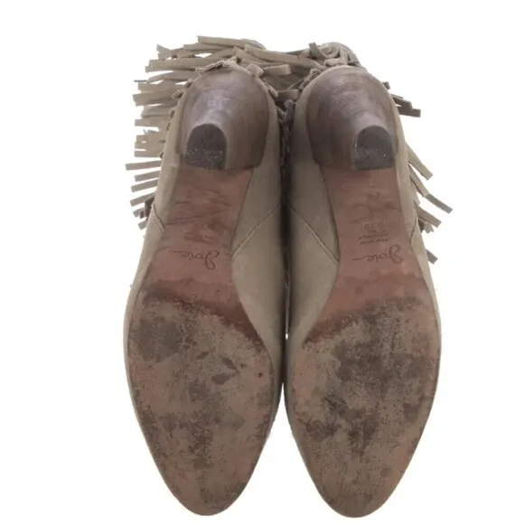 JOIE Suede Fringe Trim Accent Boots Women Size 8 Beige 4&quot; Heel Western Festival