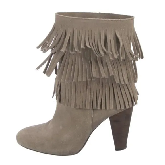 JOIE Suede Fringe Trim Accent Boots Women Size 8 Beige 4&quot; Heel Western Festival