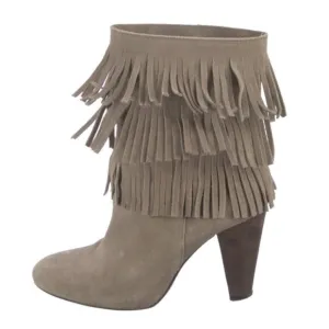 JOIE Suede Fringe Trim Accent Boots Women Size 8 Beige 4&quot; Heel Western Festival
