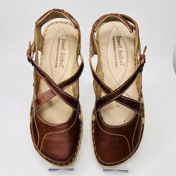 Josef Seibel Rosalie 13 Brown Leather Closed Toe Open Back Mary Jane Sandal Shoe