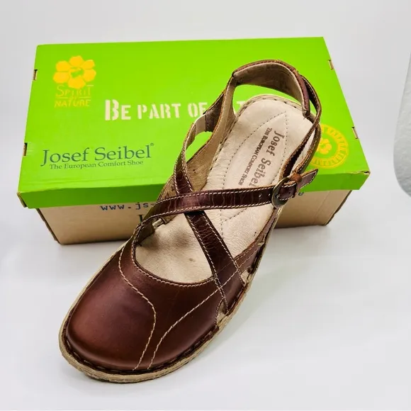 Josef Seibel Rosalie 13 Brown Leather Closed Toe Open Back Mary Jane Sandal Shoe