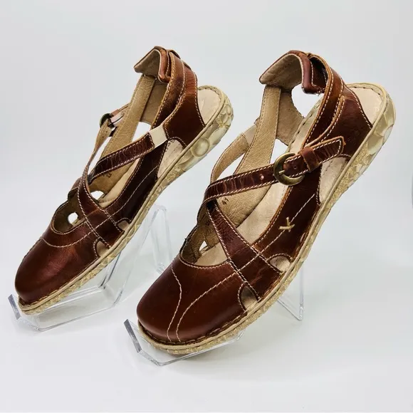 Josef Seibel Rosalie 13 Brown Leather Closed Toe Open Back Mary Jane Sandal Shoe