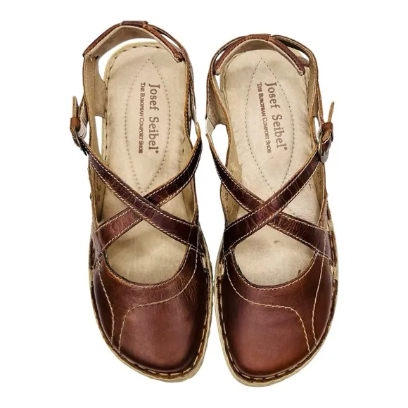 Josef Seibel Rosalie 13 Brown Leather Closed Toe Open Back Mary Jane Sandal Shoe