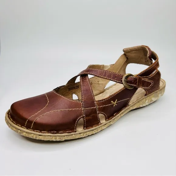Josef Seibel Rosalie 13 Brown Leather Closed Toe Open Back Mary Jane Sandal Shoe