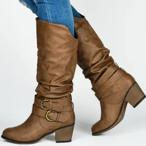 Journee Collection Late Stacked Heel Mid Calf Boots In Taupe