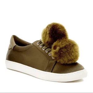J/Slides Satin Faux Fur Pompoms Khaki Sneakers 8.5