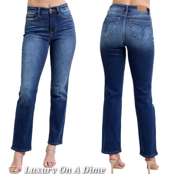 Judy Blue High-Rise Straight Leg Slim Fit Embroidered Jeans Washed Denim Pants