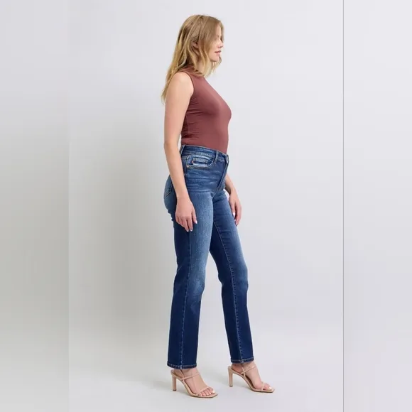 Judy Blue High-Rise Straight Leg Slim Fit Embroidered Jeans Washed Denim Pants