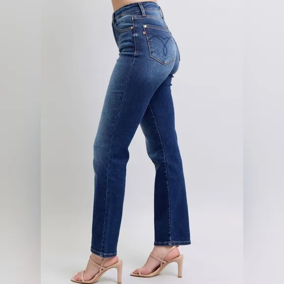 Judy Blue High-Rise Straight Leg Slim Fit Embroidered Jeans Washed Denim Pants