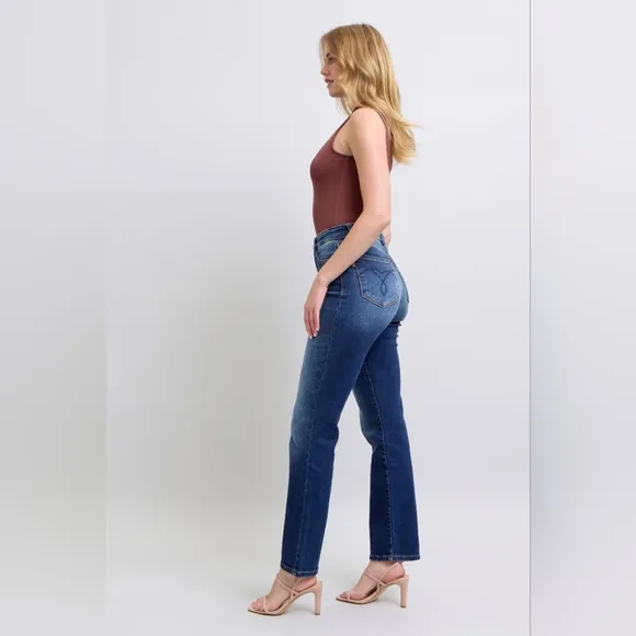 Judy Blue High-Rise Straight Leg Slim Fit Embroidered Jeans Washed Denim Pants