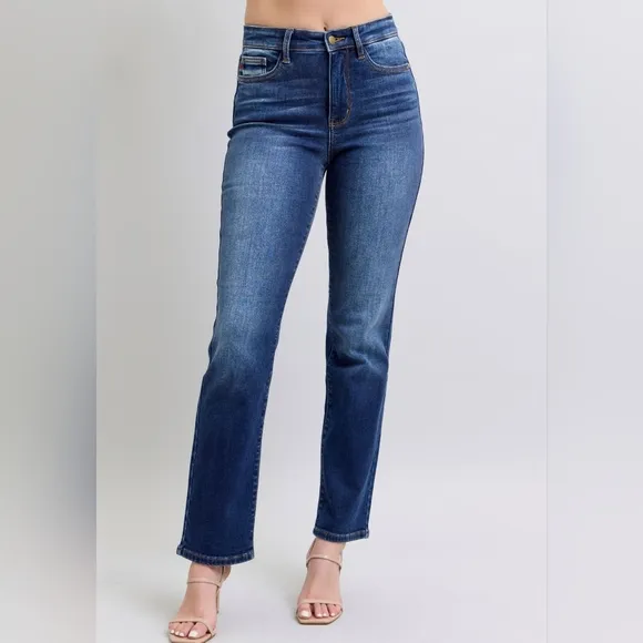 Judy Blue High-Rise Straight Leg Slim Fit Embroidered Jeans Washed Denim Pants
