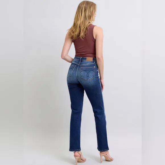 Judy Blue High-Rise Straight Leg Slim Fit Embroidered Jeans Washed Denim Pants